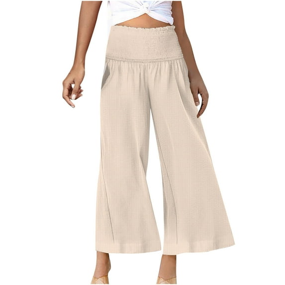 Capri Pants for Women Casual Loose Elastic Waist Cropped Wide Leg Pants High Elastic Palazzo Trousers with Pockets Capris