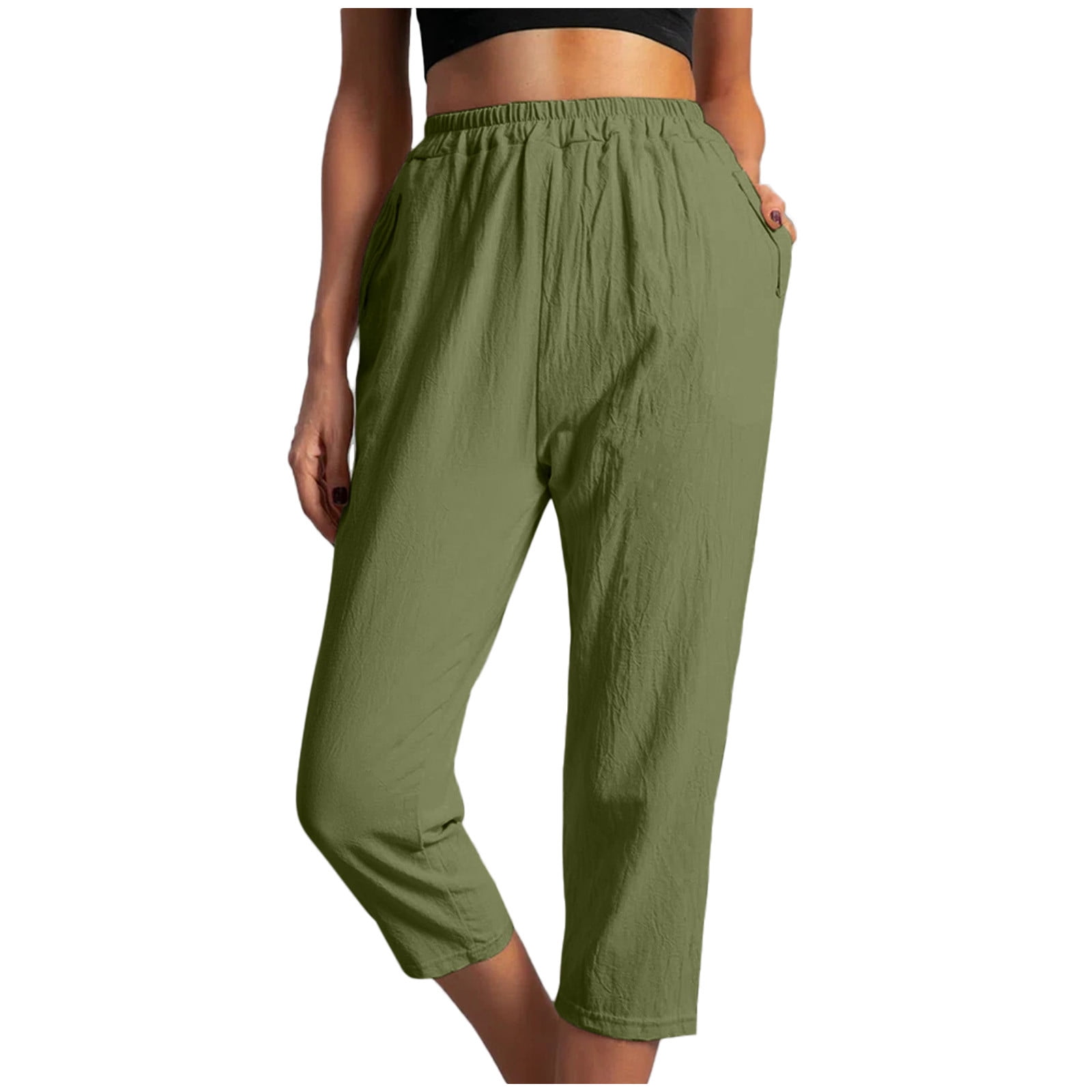 Capri Pants for Women Casual Solid Color Pockets Elastic Waist ...