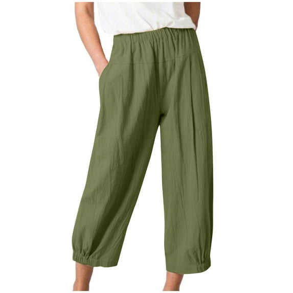 Capri Pants for Women Casual Solid Color Pockets Elastic Waist Comfortable Wide Leg Straight Calf-Length Pants（Army Green,3XL）