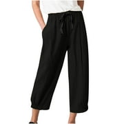 Capri Pants for Women Casual Solid Color Pockets Elastic Waist Drawstring Comfortable Wide Leg Straight Calf-Length Pants（Black,XL）