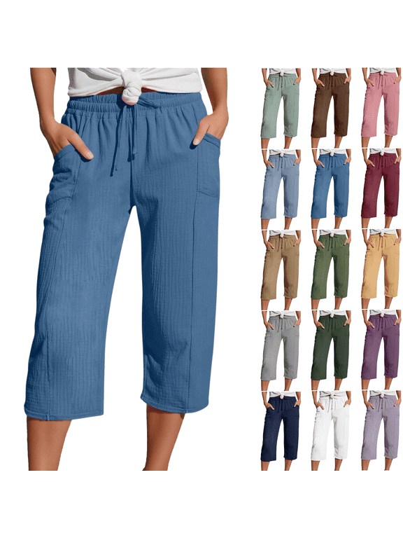 Capri Pants for Women Casual Straight Leg High Waist Capris with Pockets Summer Lightweight Beach Cropped Pants,Sizes S-5XL
