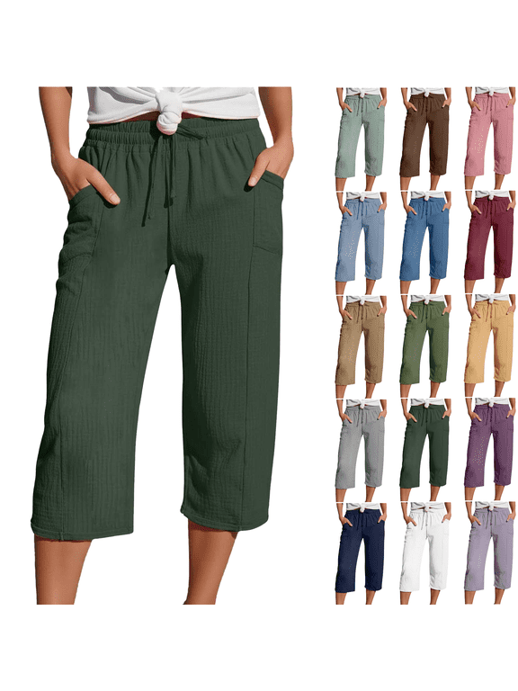 Capri Pants for Women Casual Straight Leg High Waist Capris with Pockets Summer Lightweight Beach Cropped Pants,Sizes S-5XL