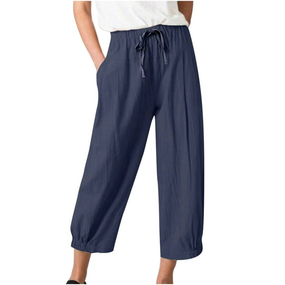 Capri Pants for Women Casual Summer Cotton Linen Pants Loose Elastic Waist Capris Trousers Wide Leg Cropped Pants with Pockets