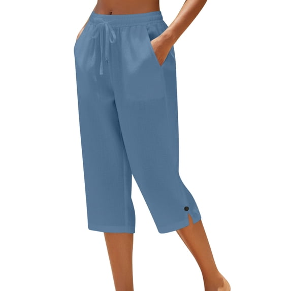 Capri Pants for Women Casual Summer Cotton Linen Straight Leg Loose Solid Drawstring Elastic Waist Cropped Trouser Blue M