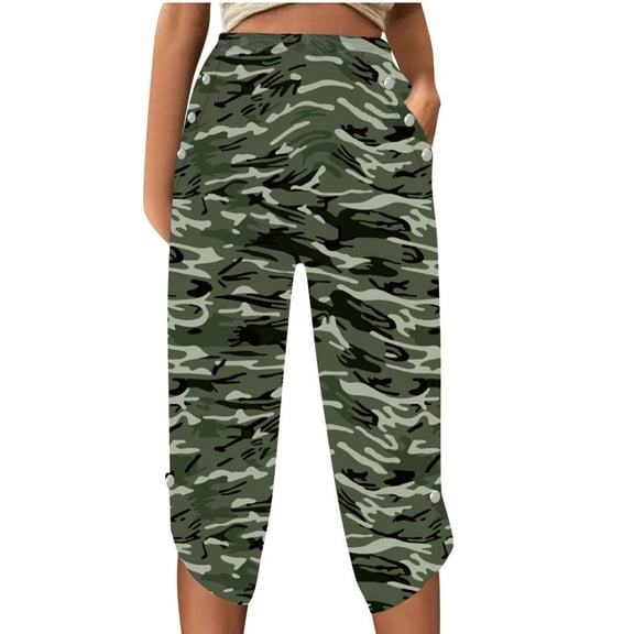 Capri Pants for Women Camouflage Printed Fashionable Casual Slim Pant Wide Leg Cropped Pants