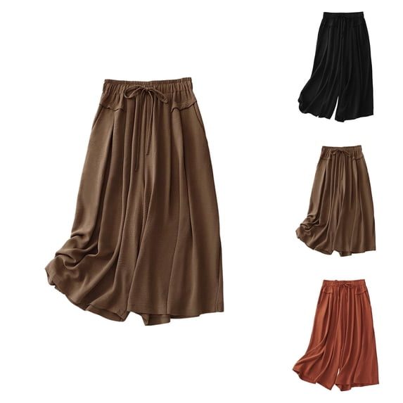 Capri Pants for Women Casual Wide Leg Cotton Linen Loose High Waisted Flowy Cropped Plazzo Pants with Pockets