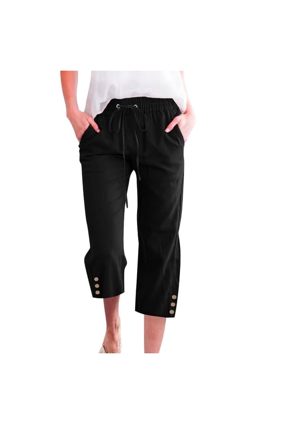 Capri Pants for Women Comfy Casual Drawstring Waist Lightweight Pants Button Trousers With Pockets, Black, S