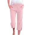 thumbnail image 1 of Capri Pants for Women Comfy Casual Drawstring Waist Lightweight Pants Button Trousers With Pockets, Pink, S, 1 of 9