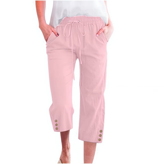Capri Pants for Women Comfy Casual Drawstring Waist Lightweight Pants Button Trousers With Pockets, Pink, S