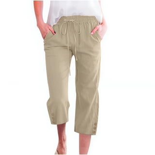 Capri Pants for Women Comfy Casual Drawstring Waist Lightweight Pants Button Trousers With Pockets, Khaki, 2XL