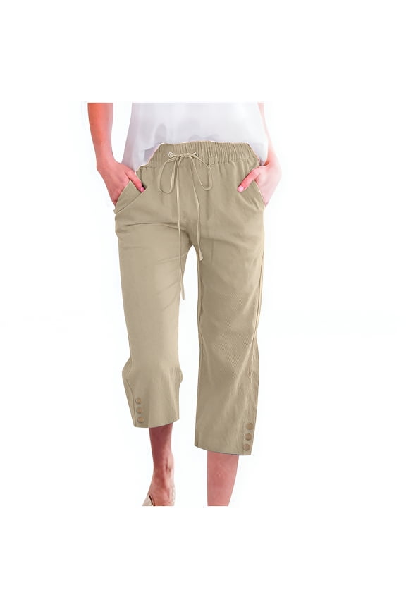 Capri Pants for Women Comfy Casual Drawstring Waist Lightweight Pants Button Trousers With Pockets, Khaki, M