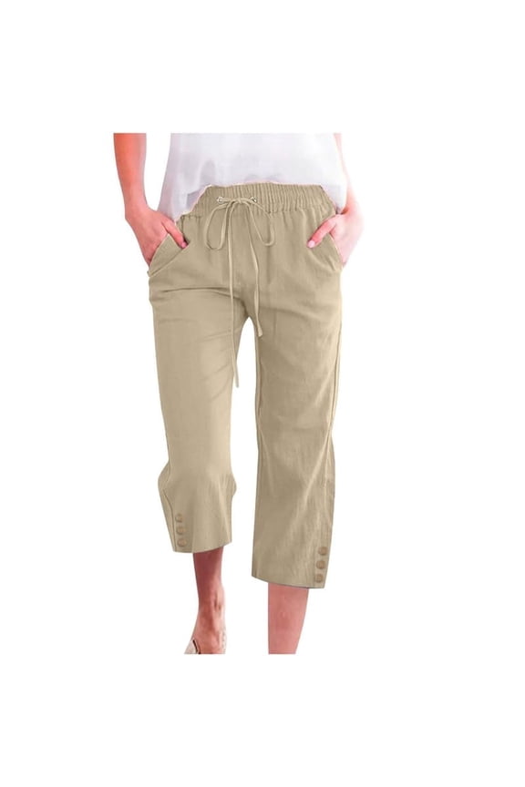 Capri Pants for Women Comfy Casual Drawstring Waist Lightweight Pants Button Trousers With Pockets, Khaki, S