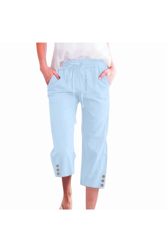 Capri Pants for Women Comfy Casual Drawstring Waist Lightweight Pants Button Trousers With Pockets, Light Blue, XL