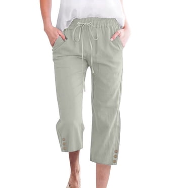 Capri Pants for Women Comfy Casual Drawstring Waist Lightweight Pants Button Trousers With Pockets, Light Grey, S