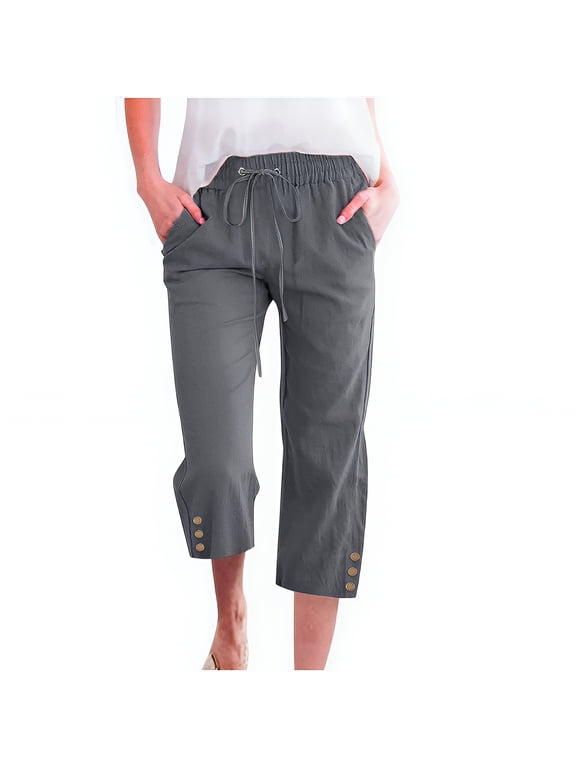 Capri Pants for Women Comfy Casual Drawstring Waist Lightweight Pants Button Trousers With Pockets, Dark Grey, XL