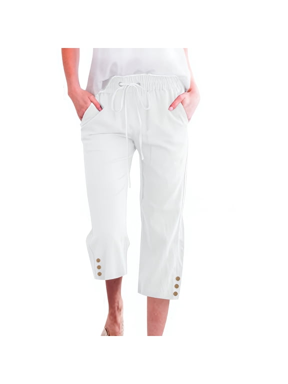 Capri Pants for Women Comfy Casual Drawstring Waist Lightweight Pants Button Trousers With Pockets, White, L