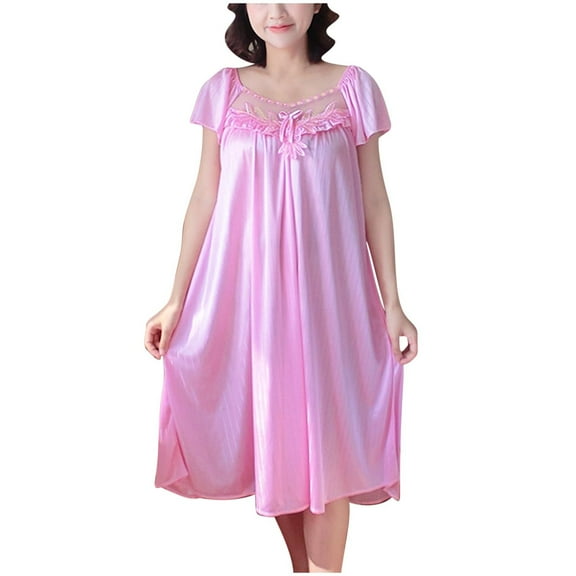 ShomPort Women's Solid Color Silky Long Nightgown Summer Short Sleeve Sleepwear Dress for Women