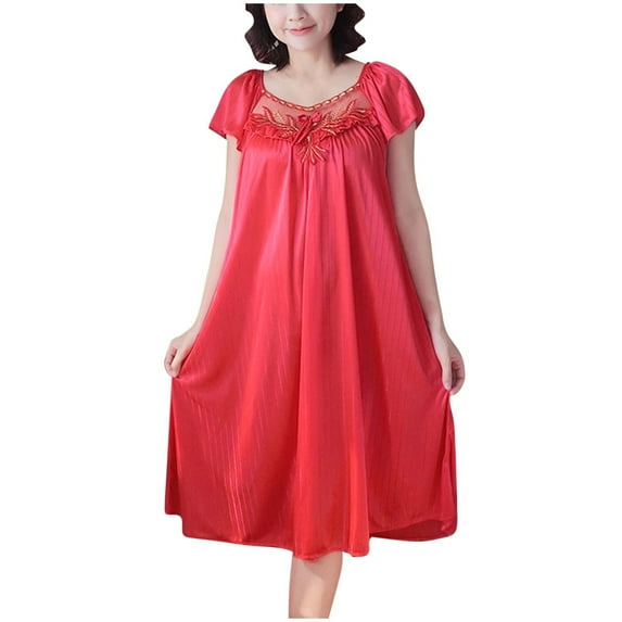 ShomPort Women's Solid Color Silky Long Nightgown Summer Short Sleeve Sleepwear Dress for Women