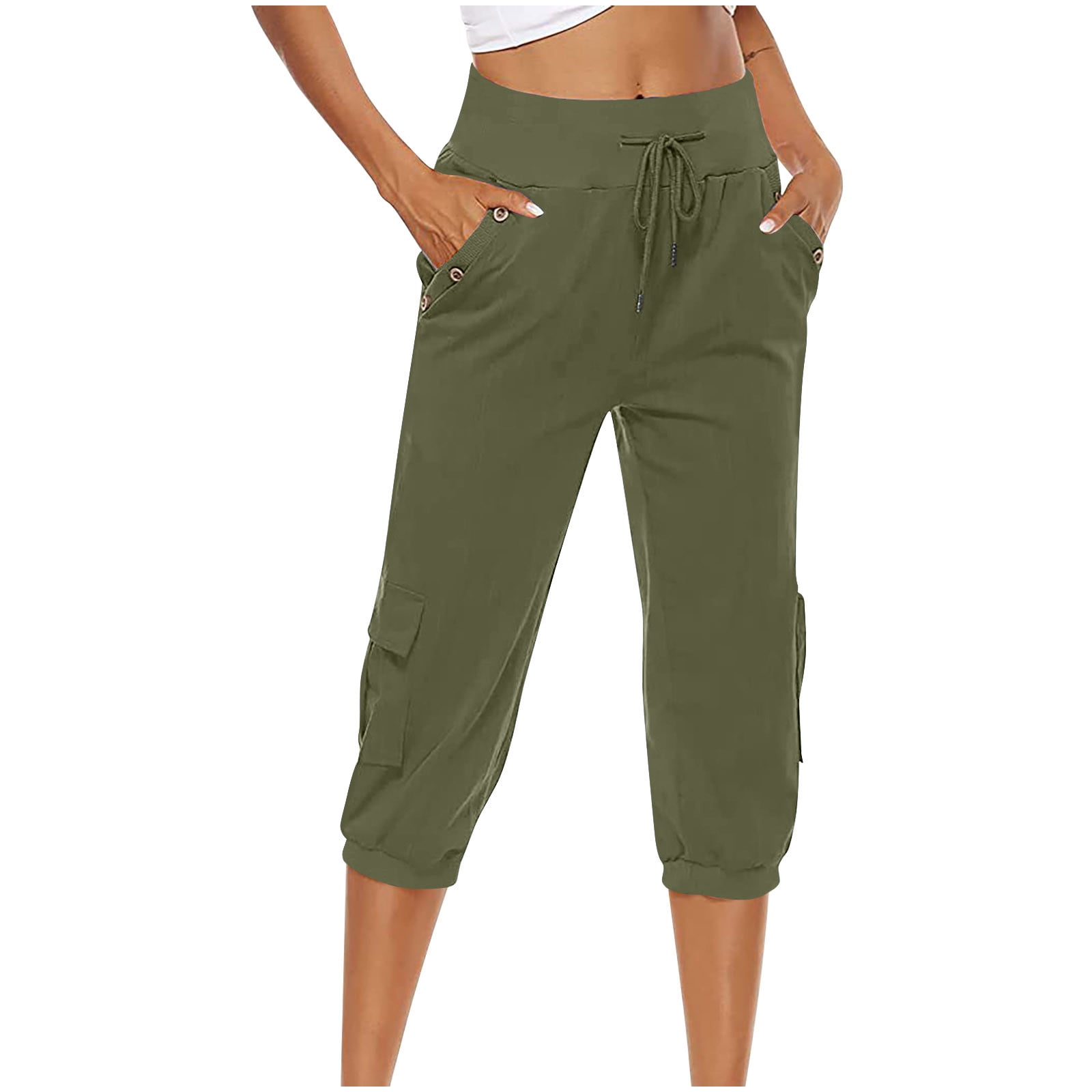Capri Pants for Women Cotton Linen Plus Size Cargo Pants Capris Elastic  High Waisted 3/4 Slacks with Multi Pockets (Small, Blue) 