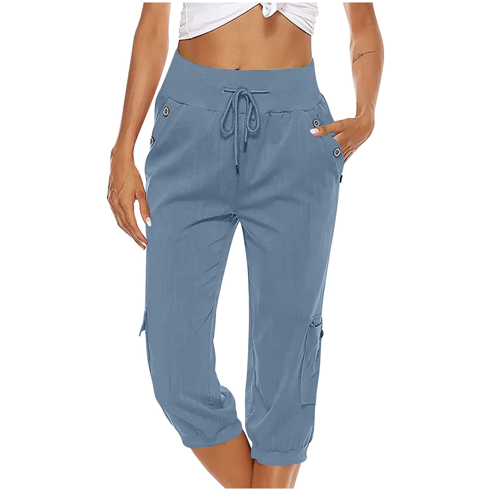 Flmtop Casual Women Capri Pants Pockets Solid Color High Waist Loose 3/4  Trousers for Daily Life