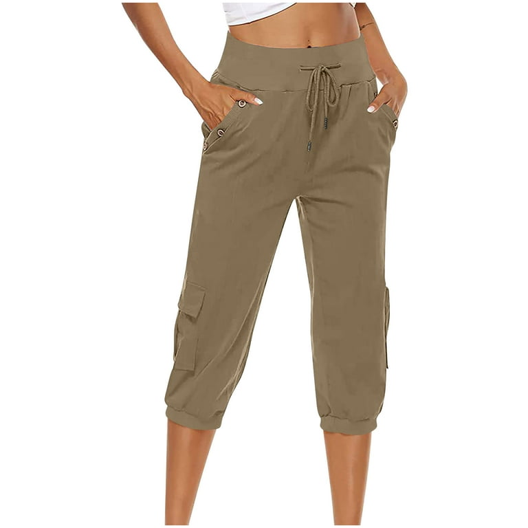 Capri Pants for Women Cotton Linen Plus Size Cargo Pants Capris Elastic  High Waisted 3/4 Slacks with Multi Pockets (5X-Large, Khaki) 