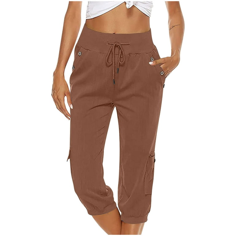 Capri Pants for Women Cotton Linen Plus Size Cargo Pants Capris Elastic  High Waisted 3/4 Slacks with Multi Pockets (Small, Brown)