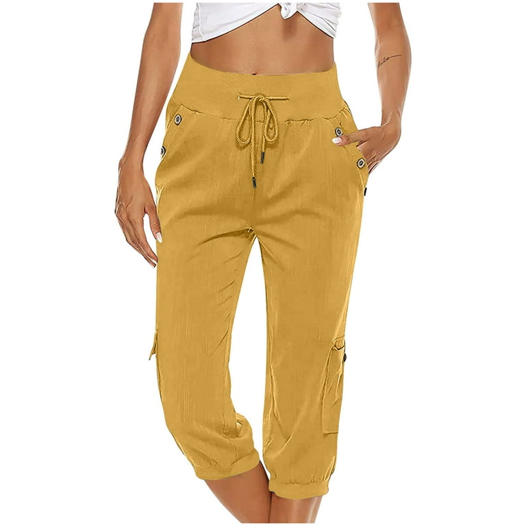 Capri Pants for Women Cotton Linen Plus Size Cargo Pants Capris Elastic  High Waisted 3/4 Slacks with Multi Pockets (Small, Yellow) 