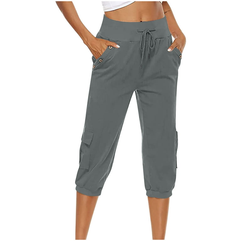 Capri Pants for Women Cotton Linen Plus Size Cargo Pants Capris Elastic  High Waisted 3/4 Slacks with Multi Pockets (XX-Large, Gray)