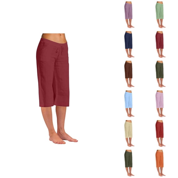 Capri Pants for Women Cotton Linen Summer Casual Elastic High Waist Drawstring Straight Leg Cropped Pants with Pockets