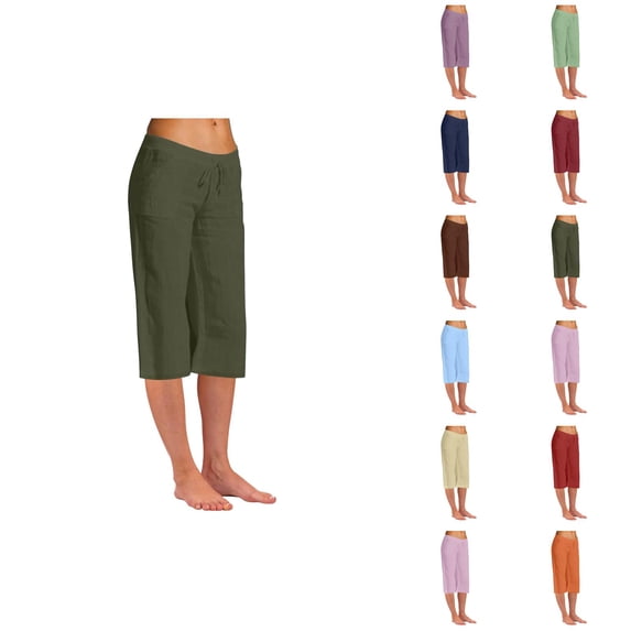 Capri Pants for Women Cotton Linen Summer Casual Elastic High Waist Drawstring Straight Leg Cropped Pants with Pockets