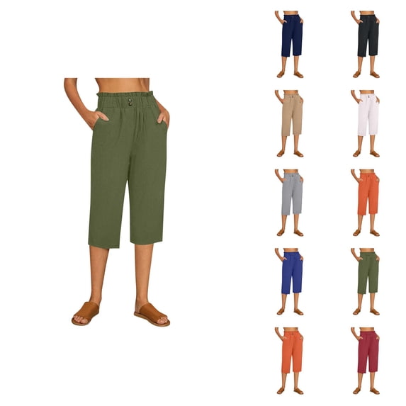 Capri Pants for Women Cotton Linen Summer Casual Elastic High Waisted Straight Leg Cropped Pants with Pockets