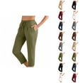 thumbnail image 1 of Capri Pants for Women Cotton Linen Summer Casual Elastic Waist Drawstring Straight Leg Cropped Trouser with Pockets, 1 of 6