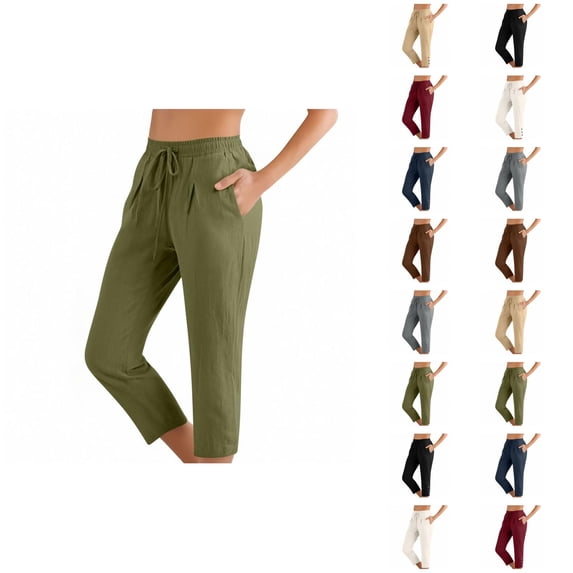 Capri Pants for Women Cotton Linen Summer Casual Elastic Waist Drawstring Straight Leg Cropped Trouser with Pockets