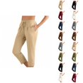 thumbnail image 1 of Capri Pants for Women Cotton Linen Summer Casual Elastic Waist Drawstring Straight Leg Cropped Trouser with Pockets, 1 of 6