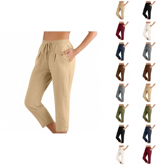 Capri Pants for Women Cotton Linen Summer Casual Elastic Waist Drawstring Straight Leg Cropped Trouser with Pockets