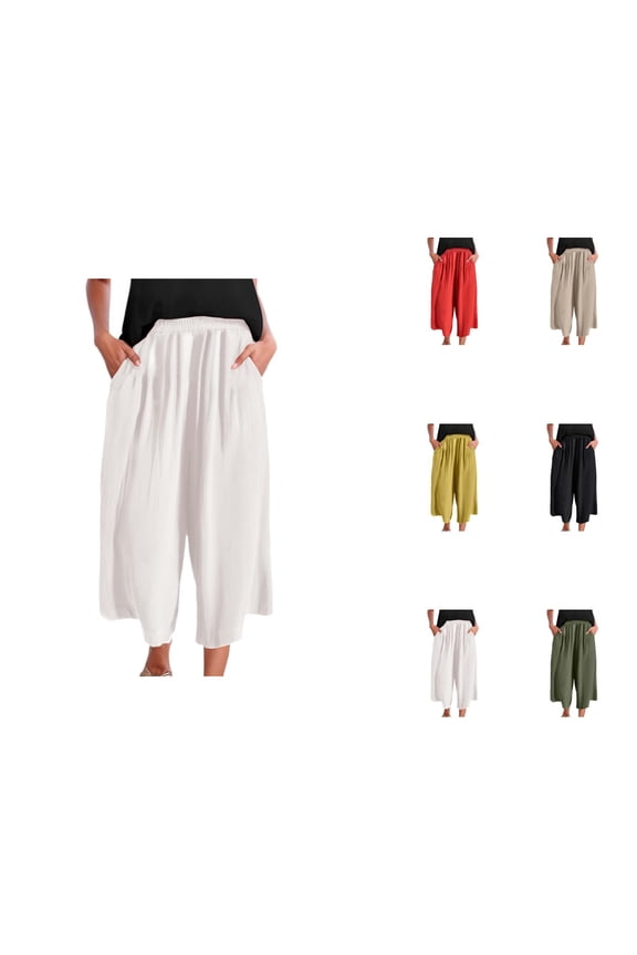 Capri Pants for Women Cotton Linen Summer Casual Elastic Waist Wide Leg Flowy Cropped Plazzo Pants with Pockets
