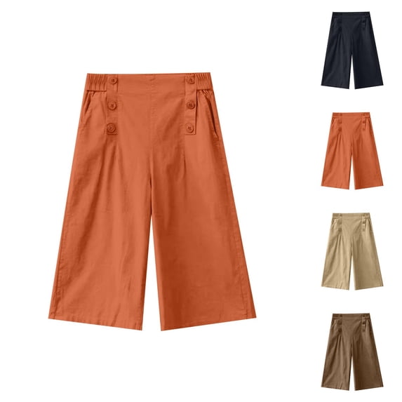 Capri Pants for Women Cotton Linen Summer Casual Lightweight Elastic High Waist Wide Leg Cropped Pants with Pockets