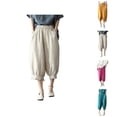 thumbnail image 1 of Capri Pants for Women Cotton Linen Summer Casual Lightweight Elastic Waist Ruffled Hem Cropped Harem Pants with Pockets, 1 of 6