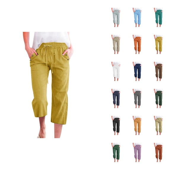 Capri Pants for Women Cotton Linen Summer Casual Lightweight Elastic Waist Straight Leg Cropped Sweatpants with Pockets