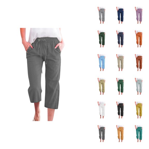 Capri Pants for Women Cotton Linen Summer Casual Lightweight Elastic Waist Straight Leg Cropped Sweatpants with Pockets