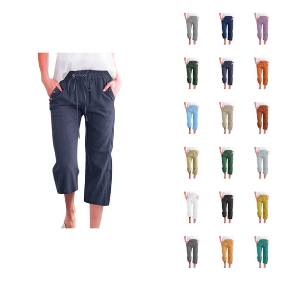Capri Pants for Women Cotton Linen Summer Casual Lightweight Elastic Waist Straight Leg Cropped Sweatpants with Pockets
