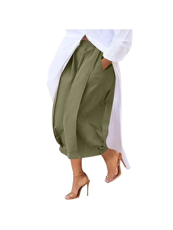 Capri Pants for Women Cotton Twill Oversized Fit Capri Pants with Pleats Pocketed Loose Casual Summer Clothes (XL, Green)