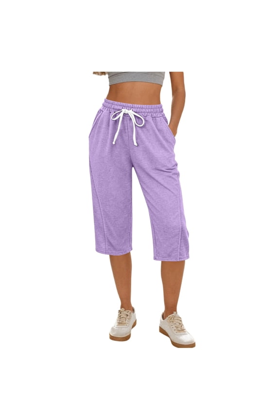 Capri Pants for Women Cotton Wide Leg High Waisted Drawstring Capris Summer Lightweight Elastic Pocket Cropped Sweat Pants