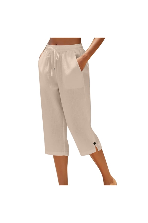 Capri Pants for Women Cropped Cotton Linen Pants Summer Casual Drawstring Elastic Waist Capris with Pockets Beige S