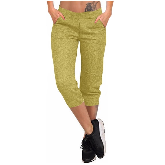 Husipze Capri Pants for Women Cropped Joggers with Pockets Soft Elastic Waist Capri Sweatpants Athletic Yoga Pants Khaki M