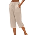 thumbnail image 1 of Capri Pants for Women Drawstring Elastic Waist Cropped Pants Button Side Split Straight-Leg Loose Casual Trousers with Pockets, Khaki, L, 1 of 5