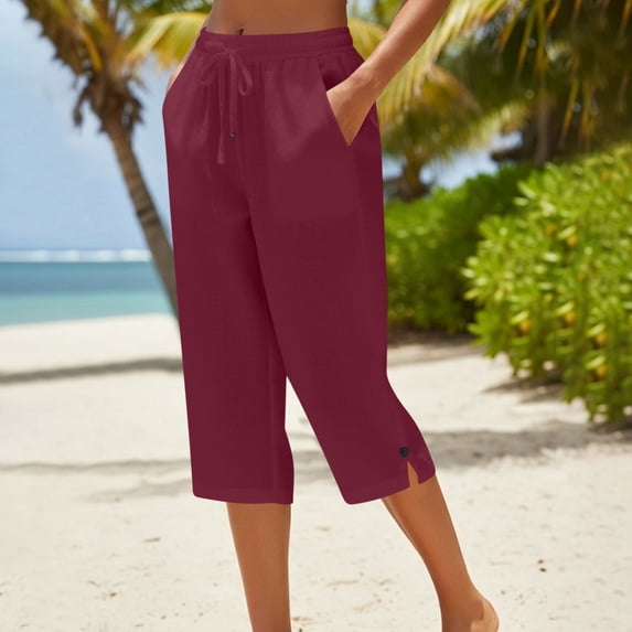 Capri Pants for Women Drawstring Elastic Waist Loose Fit Summer Casual Cotton Linen Capris with Pockets