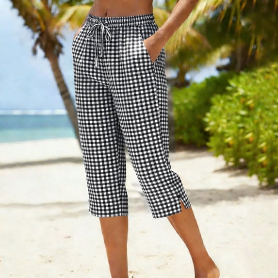 Capri Pants for Women Drawstring Elastic Waist Loose Fit Summer Casual Cotton Linen Capris with Pockets