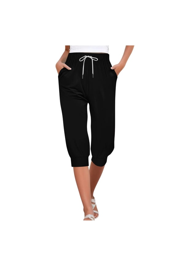 Capri Pants for Women Drawstring Elastic Waist Pants Loose Solid Sweatpants Lounge Cropped Pants with Pockets Tummy Control Pants