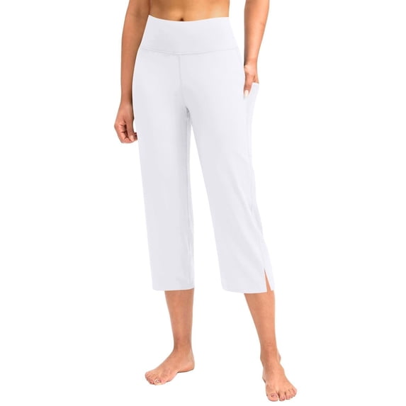 Capri Pants for Women Dressy Casual Elastic Waist Straight Leg Front Slit Leggings Y2K Going Out Cropped Pants White S